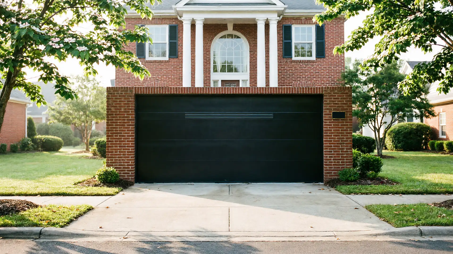 The house has a black garage door, brick facade, and white columns.