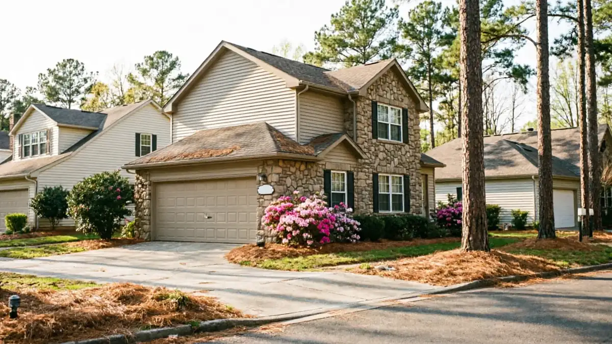 A two-story house with a beige garage door and stone facade is surrounded by trees.
