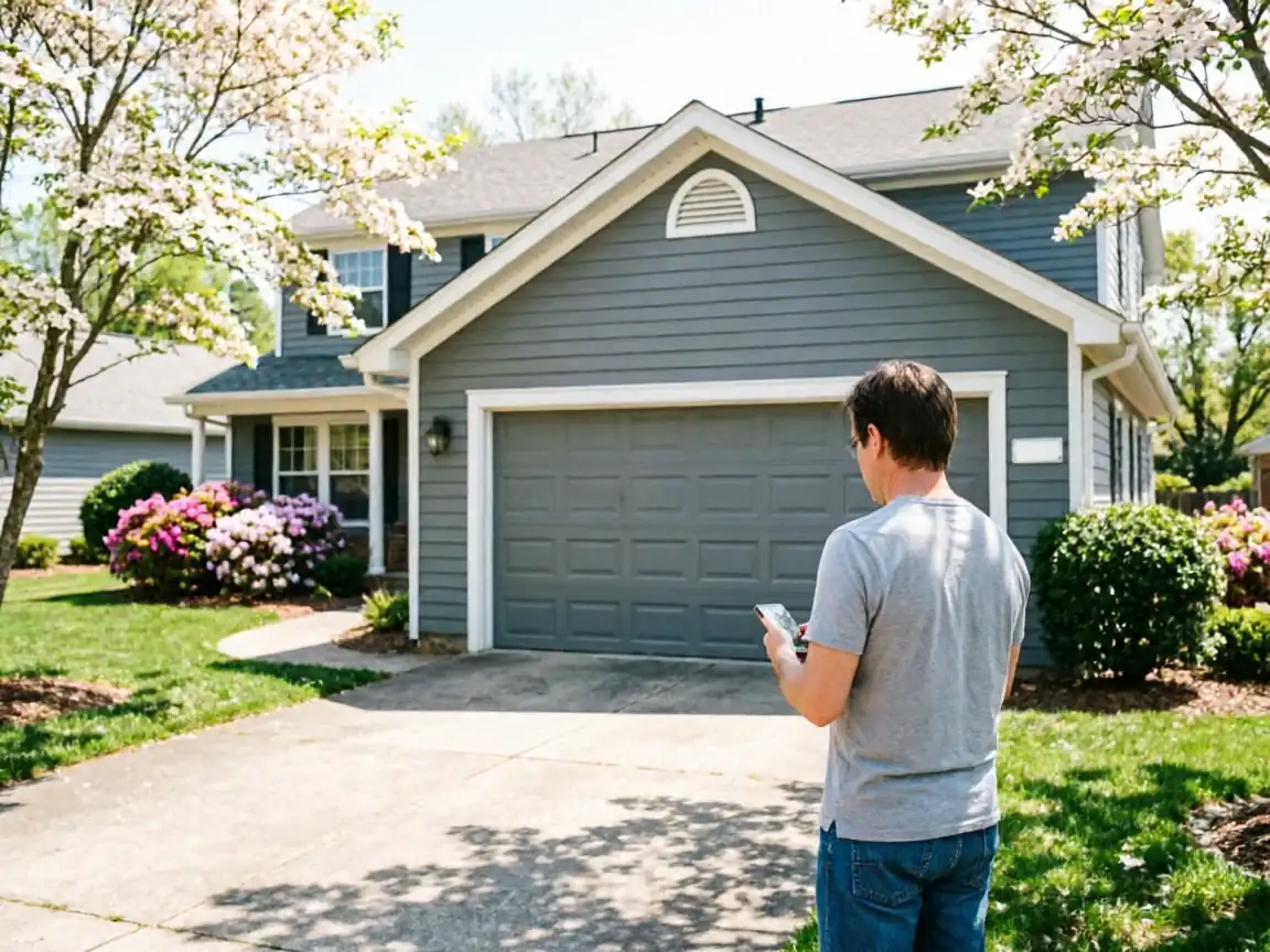 A man stands in a driveway, looking at his phone, with a gray house and garage door behind him.