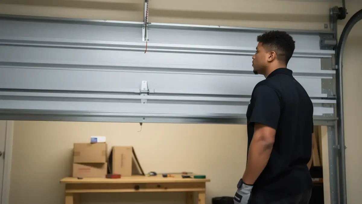 A technician in a black shirt stands next to a partially open garage door.