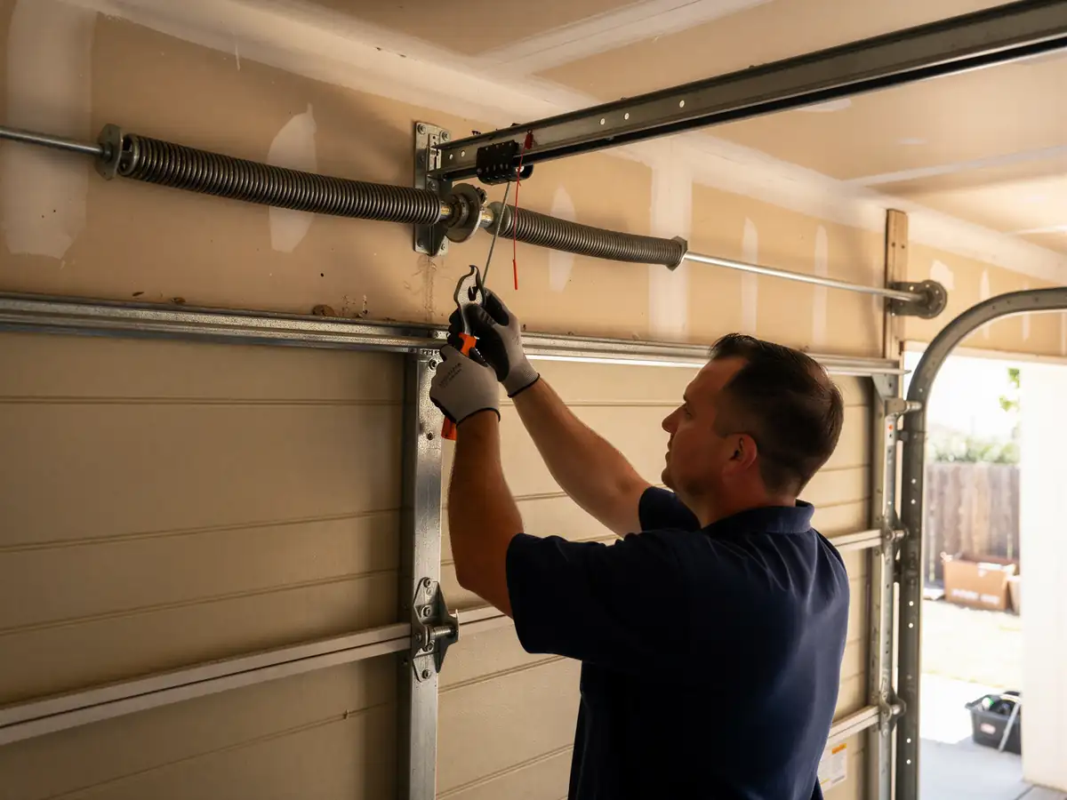 A technician wearing gloves adjusts a garage door torsion spring.